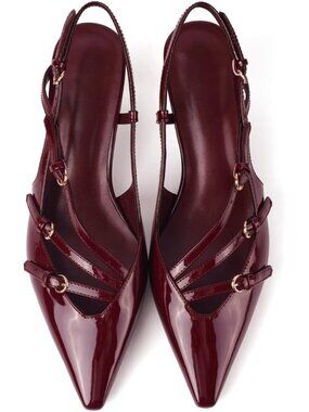 Women's Burgundy Low Slingback Kitten Pointed Closed Pumps Low Heels Shoes